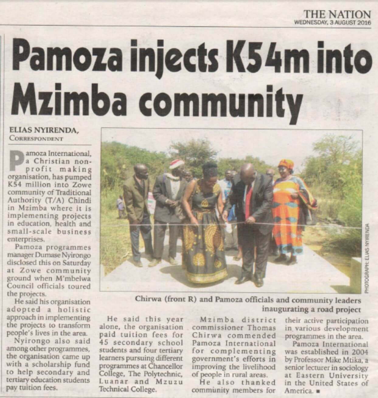 newspaper clipping that reads, "Pamoza injects K54m into Mzimba community."